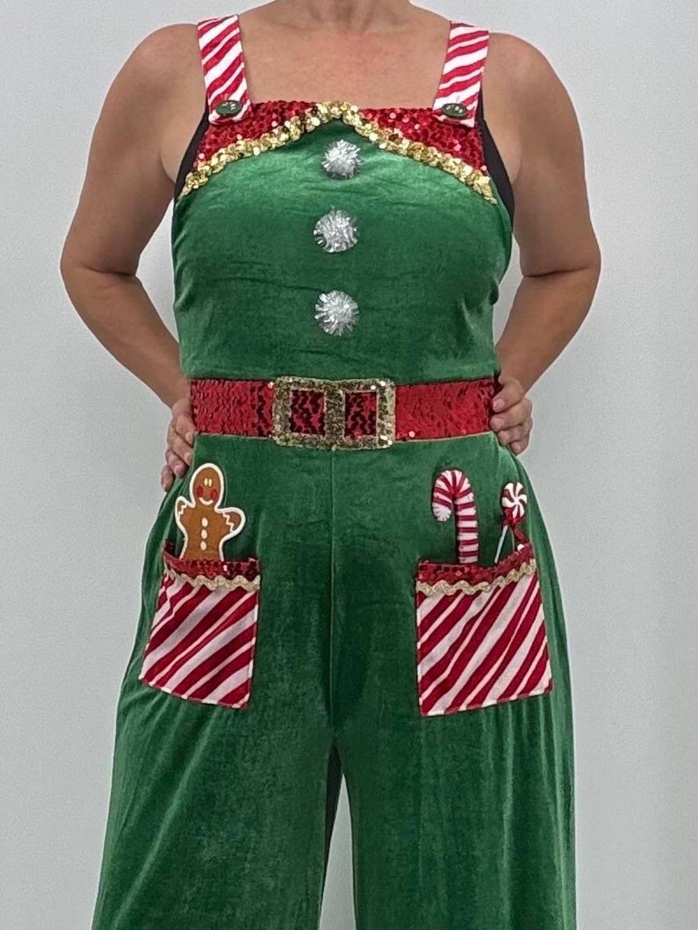 No Boundaries Christmas Holiday Santa’s Helper Elf Velvet Sequin Romper Jumpsuit - Picture 11 of 11